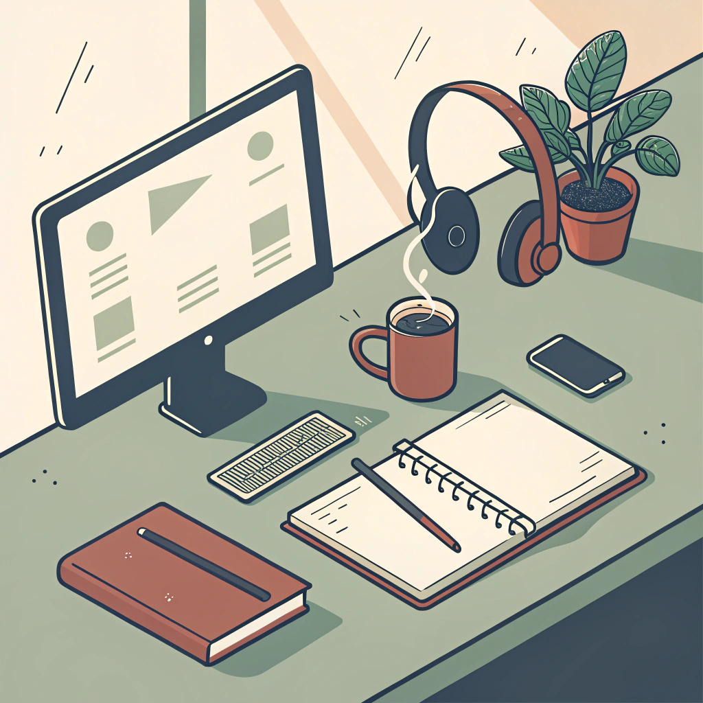 Modern workspace with a computer, notebook, headphones, and a steaming cup of coffee on a sunlit desk with a potted plant