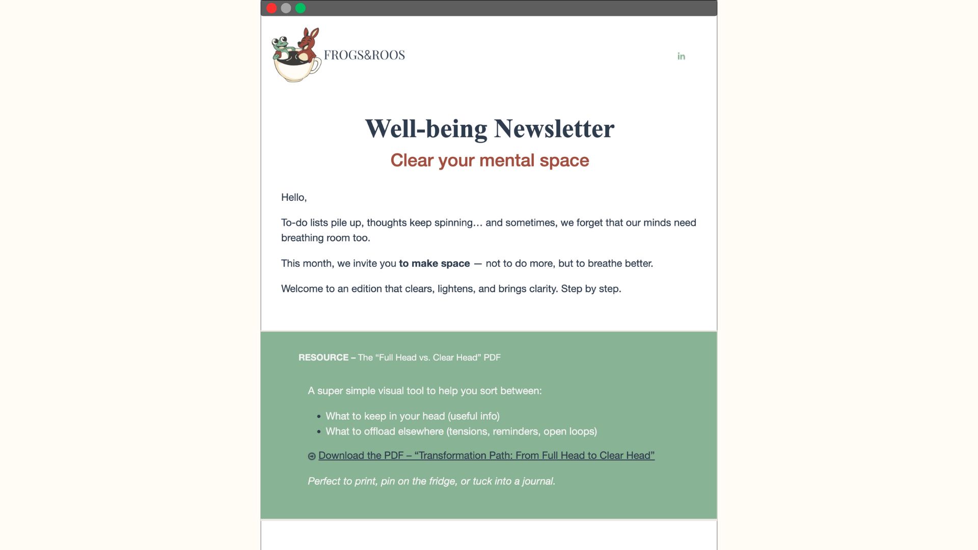 Well-being newsletter from Frogs&Roos titled “Clear your mental space”, with introduction text inviting employees to create mental space, and a highlighted resource section offering a downloadable PDF tool to sort thoughts.