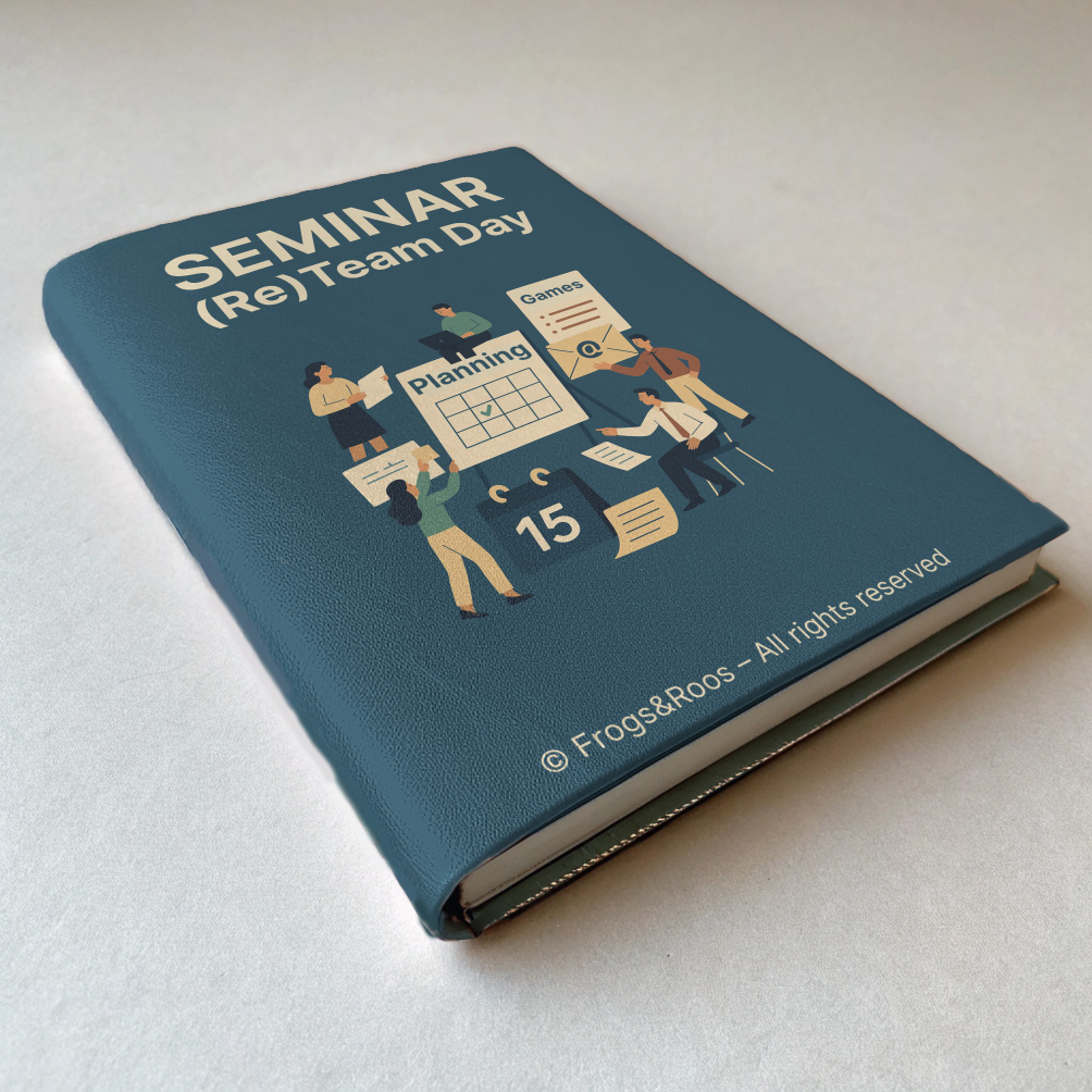 “Seminar (Re)Team Day” guide cover by Frogs&Roos, showing a team collaborating around planning and games, designed for HR and managers.