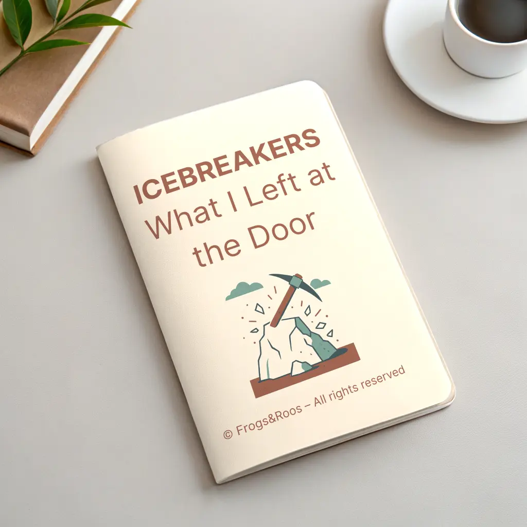 Cover of the free icebreaker “What I Left at the Door” by Frogs&Roos, featuring an illustration of a pickaxe breaking ice, symbolizing team openness and connection.