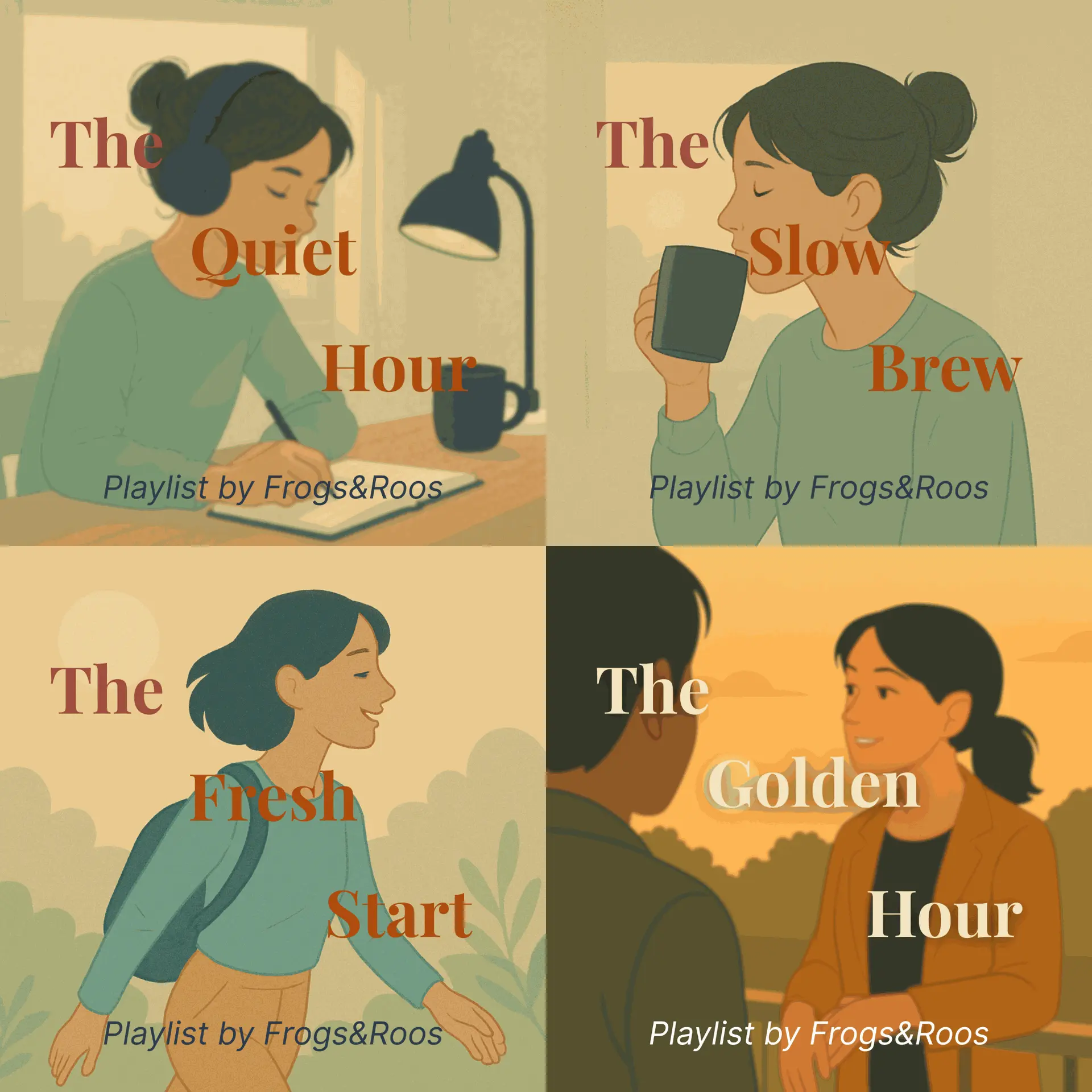 Four illustrated covers of Frogs&Roos playlists: The Quiet Hour for deep focus, The Slow Brew for mindful breaks, The Fresh Start for morning energy, and The Golden Hour for after-work relaxation.