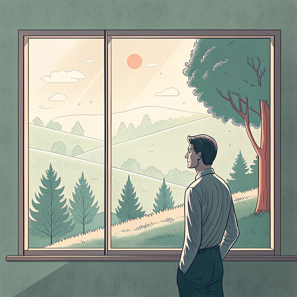 Illustration of a young employee in a shirt, gazing out of a window at a sunny green landscape, evoking reflection, pause, and the aspiration for a better work-life balance. young-employee-looking-out-window-thinking