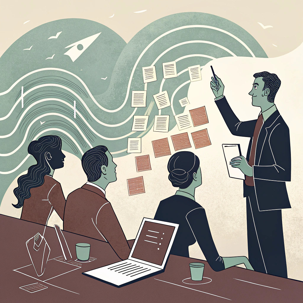 team-meeting-facilitation-collaboration Stylized scene of a manager discreetly observing a meeting while a colleague presents ideas on a post-it-covered board, symbolizing facilitation, group dynamics, and collaborative innovation.