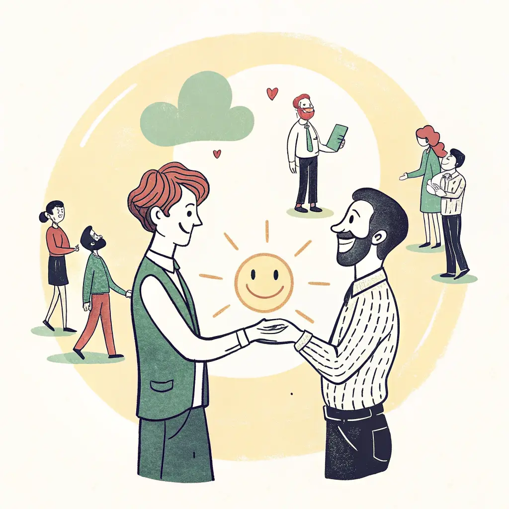 Flat-style illustration of two colleagues shaking hands with a smiling sun between them, surrounded by other employees engaging in friendly conversations, symbolizing a positive and welcoming workplace atmosphere.