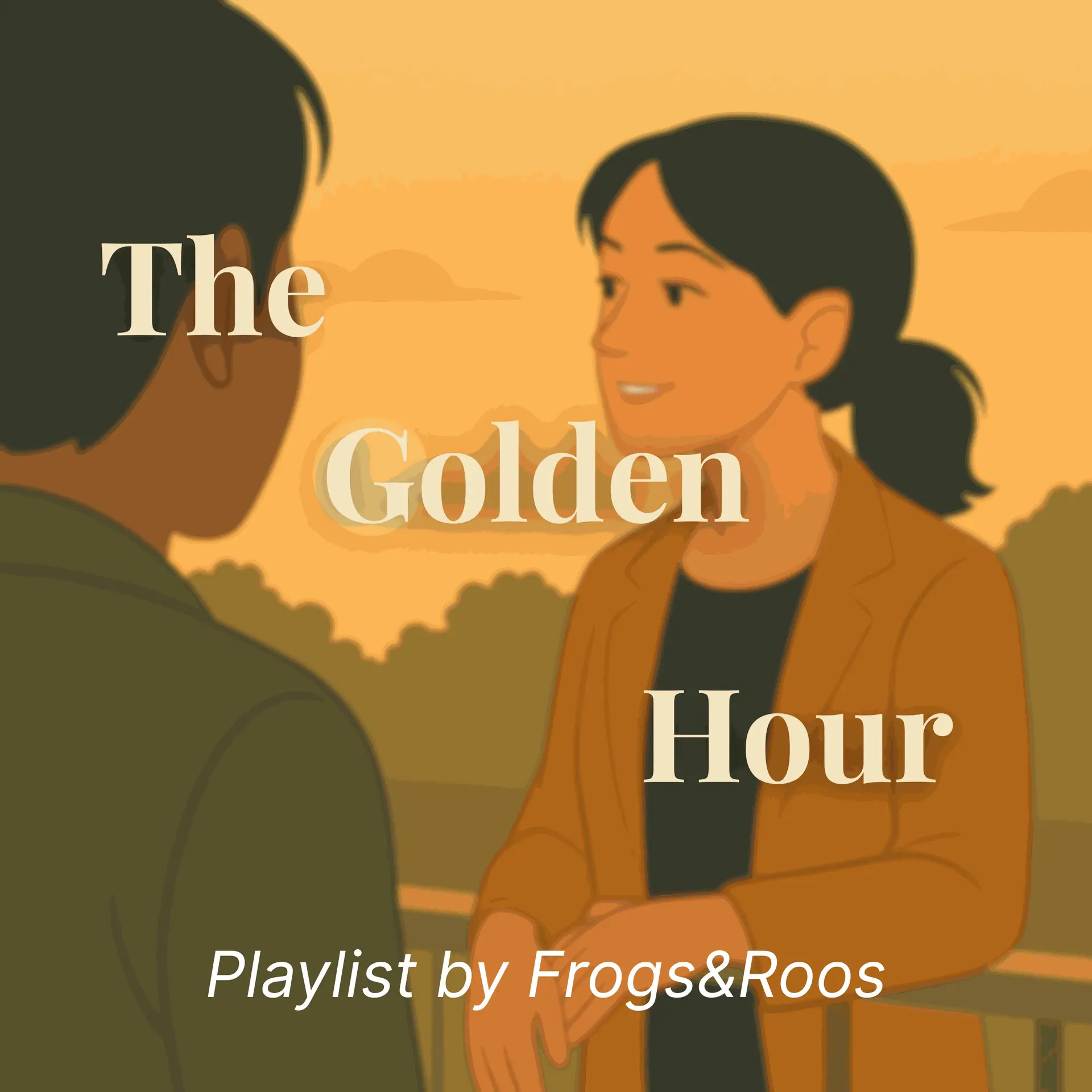 Illustration minimaliste de deux personnes discutant dehors au coucher du soleil, avec le texte “The Golden Hour” et “Playlist by Frogs&amp;Roos”.