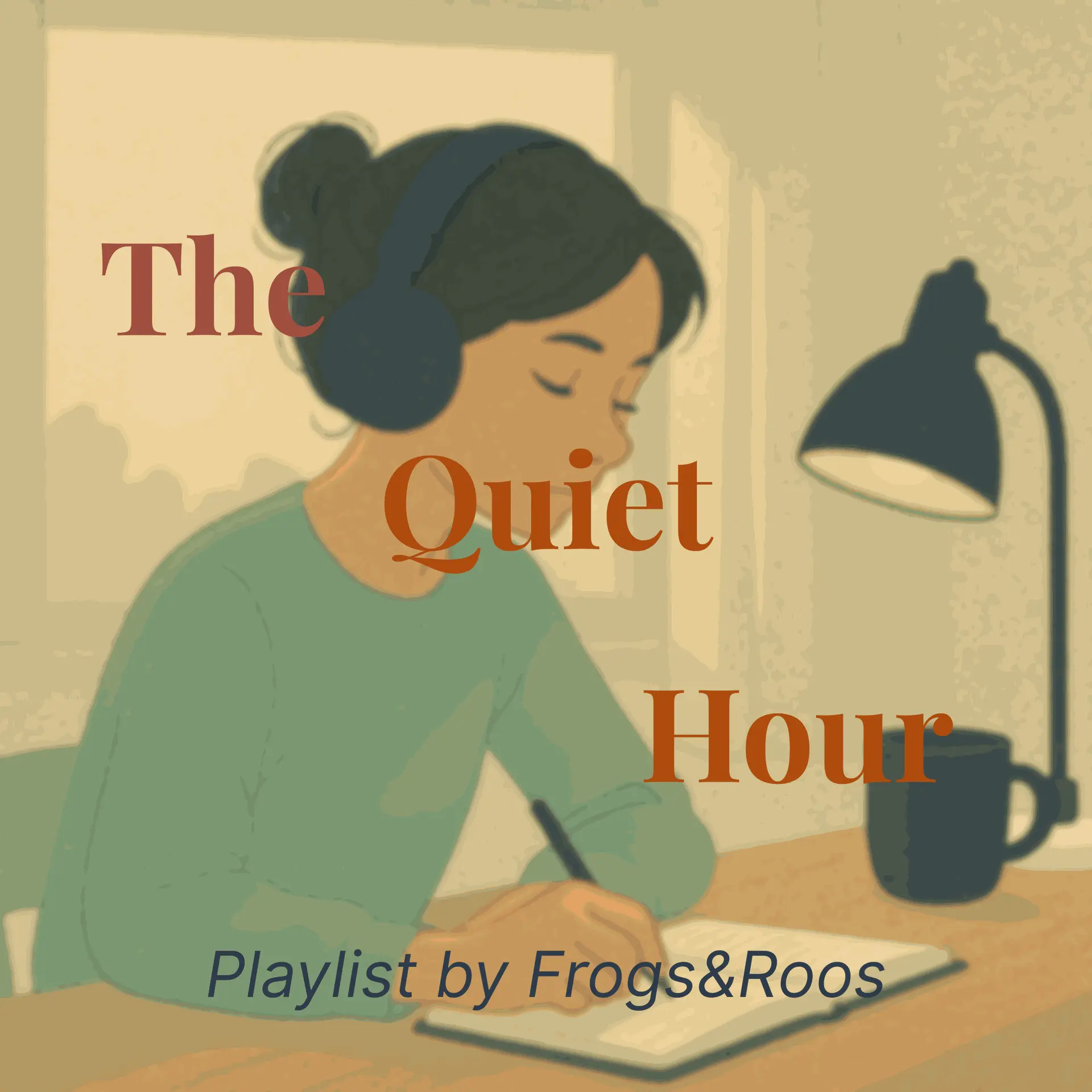 Illustration minimaliste d’une femme concentrée, portant un casque audio et écrivant dans un carnet à son bureau, avec le texte “The Quiet Hour” et “Playlist by Frogs&amp;Roos”.