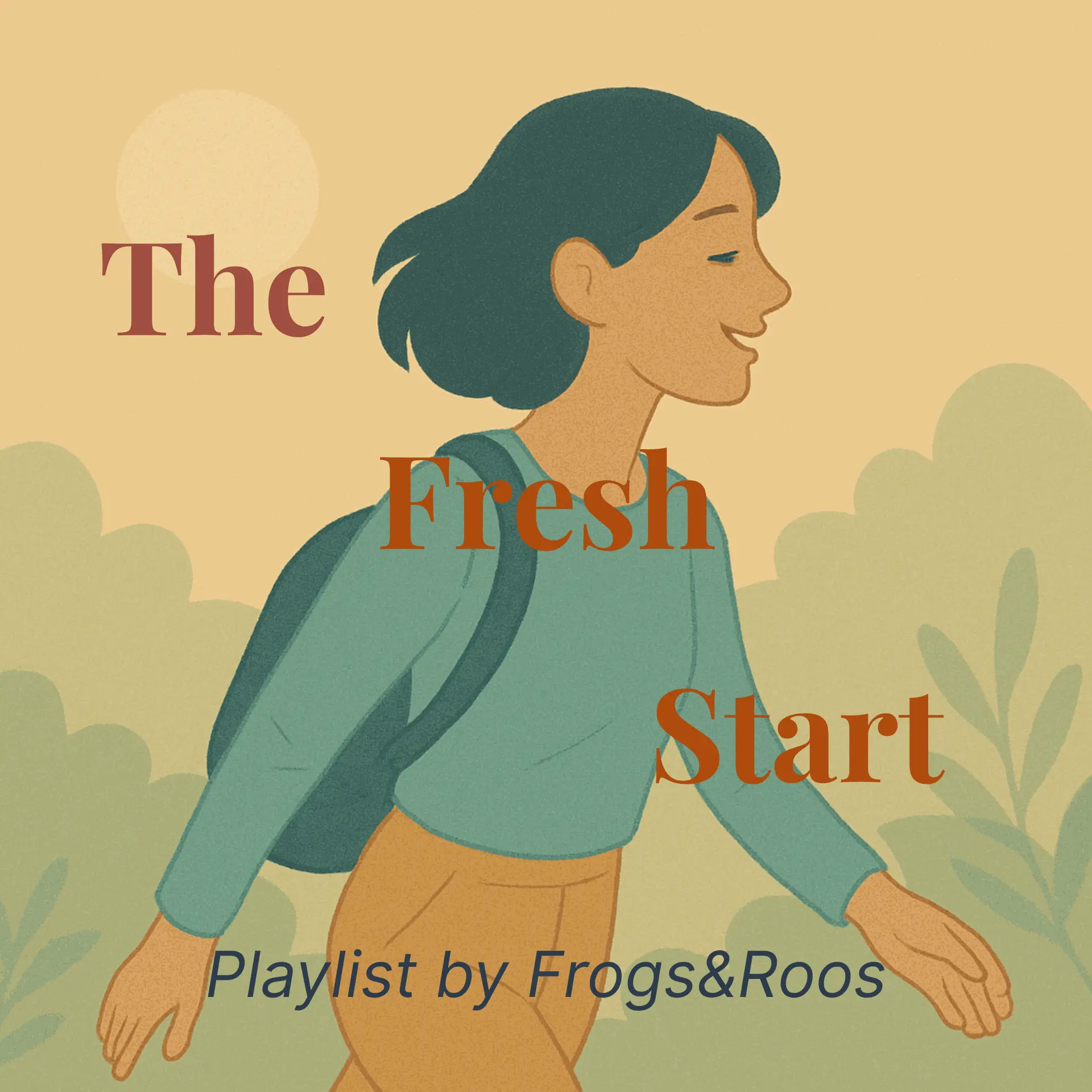 Illustration minimaliste d’une femme marchant joyeusement dans la nature, un sac à dos sur l’épaule, avec le texte “The Fresh Start” et “Playlist by Frogs&amp;Roos”.