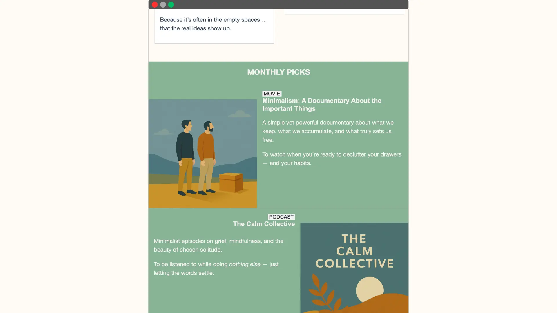 Well-being newsletter mockup displayed on a computer screen, featuring monthly picks: a minimalism documentary and a mindfulness podcast.