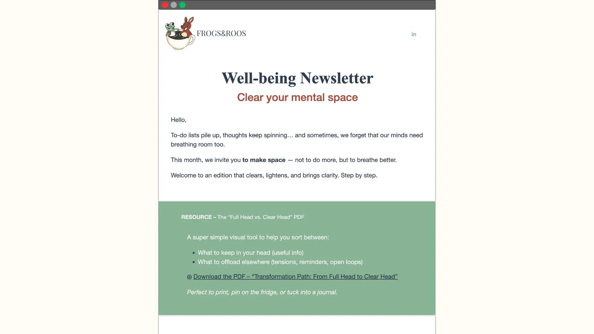 Frogs&amp;Roos well-being newsletter mockup, titled Clear your mental space, featuring a downloadable PDF tool to sort useful information from stressors.
