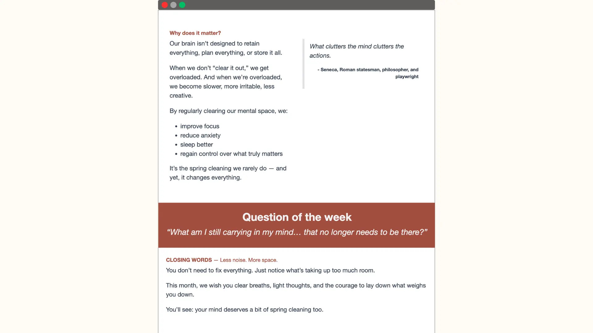 Well-being newsletter shown in a desktop device mockup, highlighting the importance of mental decluttering with a Seneca quote and benefits like focus and reduced anxiety.